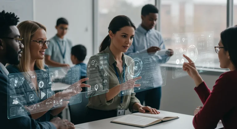 US educators interact with holographic online learning platforms in a futuristic classroom setting.