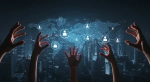 Futuristic digital network symbolizing social media algorithms and organic reach strategies for US platforms in 2026.