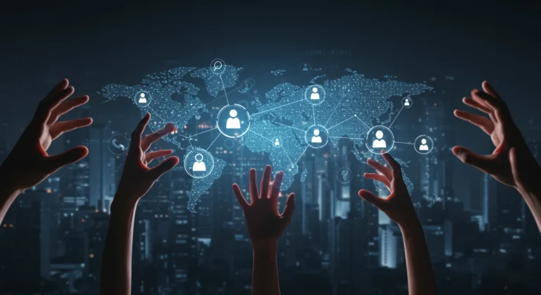 Futuristic digital network symbolizing social media algorithms and organic reach strategies for US platforms in 2026.