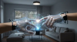 Future of Wearable Tech: 5 Innovations by 2026 Futuristic smart glove and smartwatch interacting with holographic display, symbolizing wearable tech innovations.