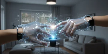 Futuristic smart glove and smartwatch interacting with holographic display, symbolizing wearable tech innovations.