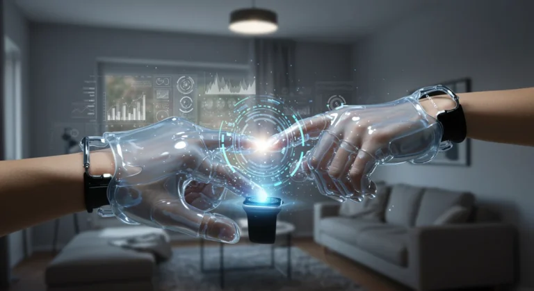 Futuristic smart glove and smartwatch interacting with holographic display, symbolizing wearable tech innovations.