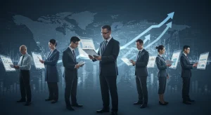 Professionals specializing in their fields, connected digitally, showing economic growth.