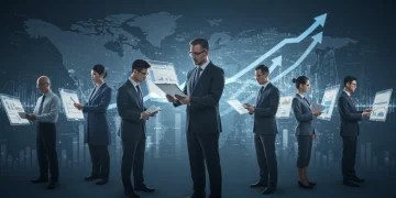 Professionals specializing in their fields, connected digitally, showing economic growth.