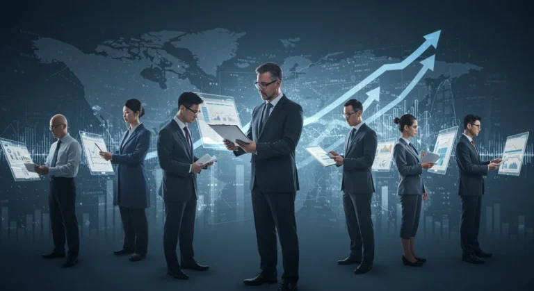 Professionals specializing in their fields, connected digitally, showing economic growth.