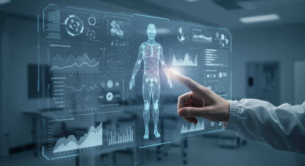 Person interacting with holographic health data from a digital twin