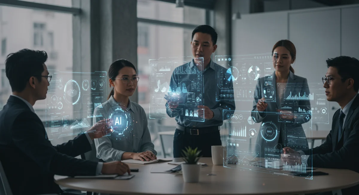Professionals collaborating with AI data visualizations in a modern office