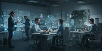 Professionals collaborating in a hybrid work environment with digital connections