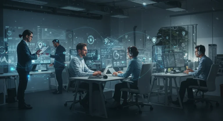 Professionals collaborating in a hybrid work environment with digital connections