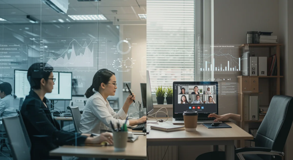 Integrated office and home workspaces illustrating hybrid work flexibility and productivity tracking