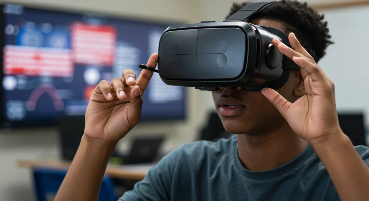 Student in VR headset engaged in immersive online learning experience.
