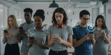 Influencers navigating new FTC guidelines with smartphones and compliance symbols