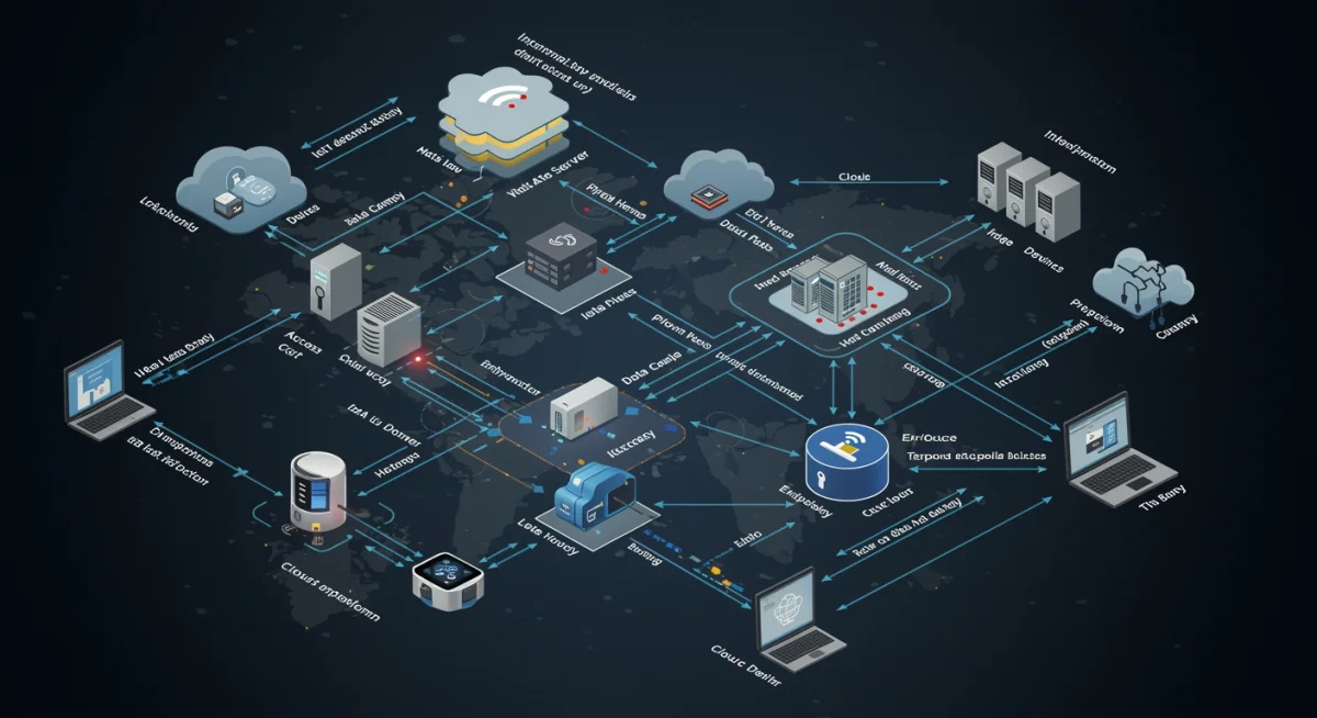 Interconnected IoT devices and cloud infrastructure in a digital forensics context.