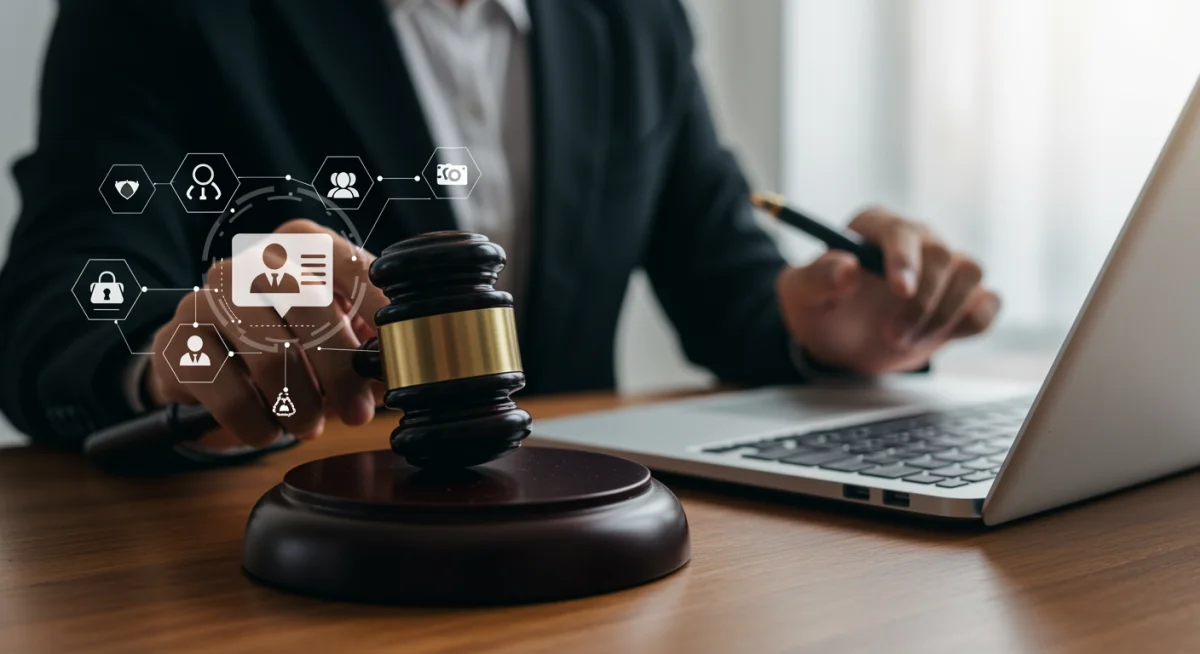 Reviewing legal documents on a laptop, symbolizing compliance with 2026 US labor laws affecting remote workers.