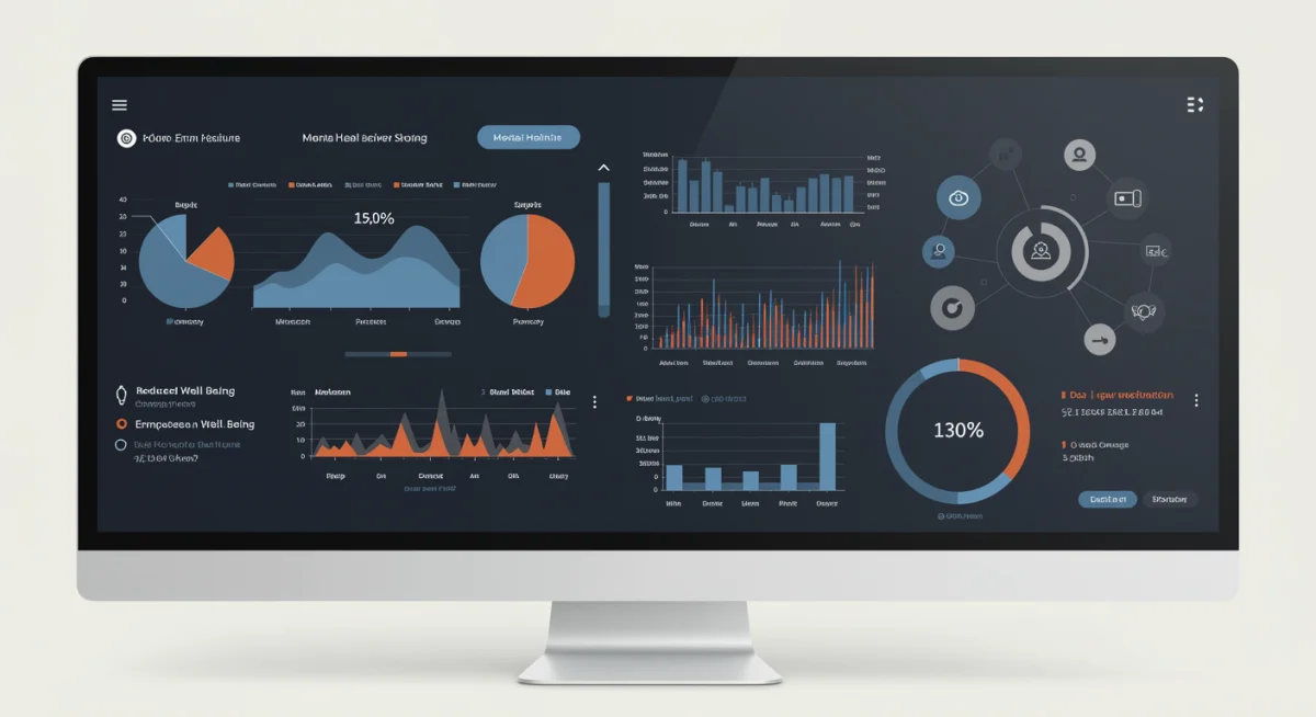 Digital dashboard showing positive mental health and reduced burnout metrics in a corporate setting