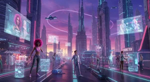 Metaverse Digital Engagement: 4 Key Opportunities 2026 Futuristic metaverse city with interacting avatars and digital architecture