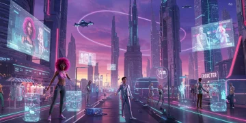 Futuristic metaverse city with interacting avatars and digital architecture