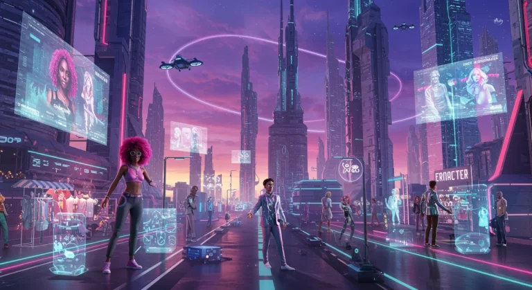 Futuristic metaverse city with interacting avatars and digital architecture