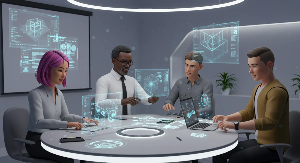 Avatars collaborating on a 3D design in a virtual metaverse meeting room