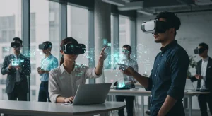 Professionals collaborating with digital micro-credentials in a futuristic office