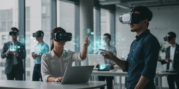 Professionals collaborating with digital micro-credentials in a futuristic office