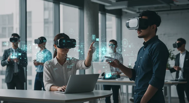 Professionals collaborating with digital micro-credentials in a futuristic office