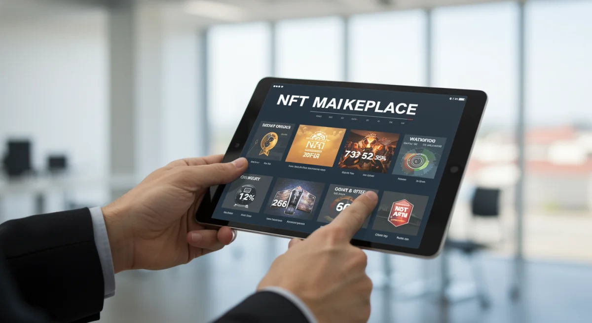 Hand holding tablet displaying NFT marketplace with royalty percentages and digital artworks.