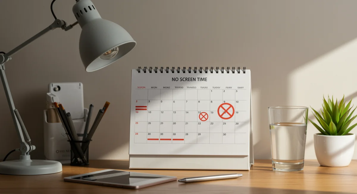Organized desk with calendar showing screen time limits