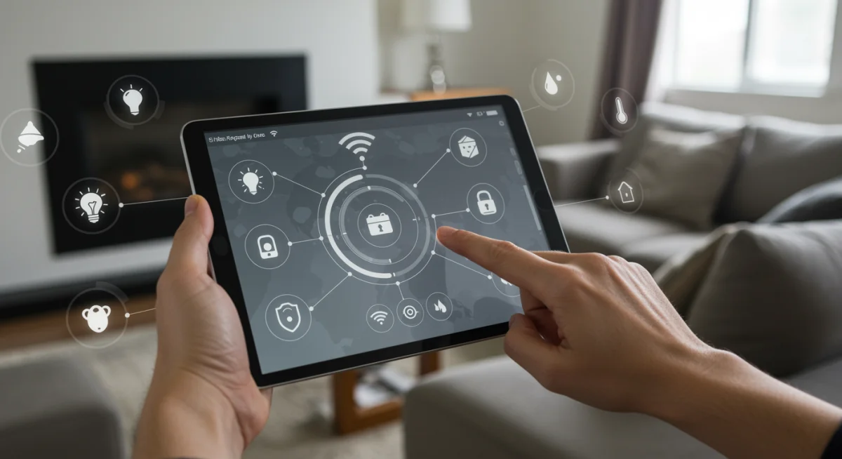 Person controlling smart home devices with a tablet