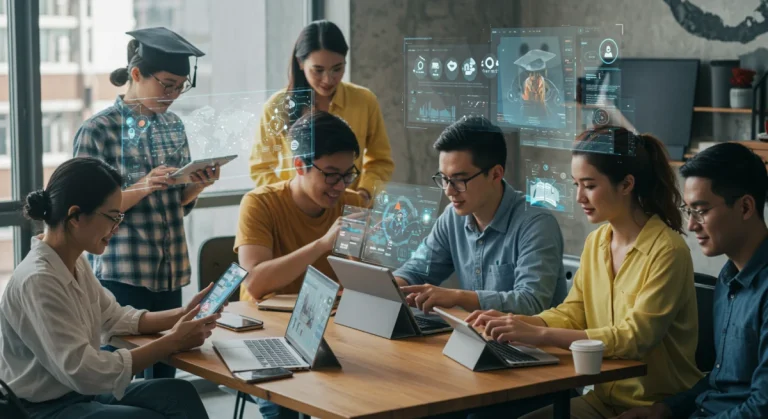 Diverse learners engaging with personalized digital learning platforms in a modern, collaborative environment.