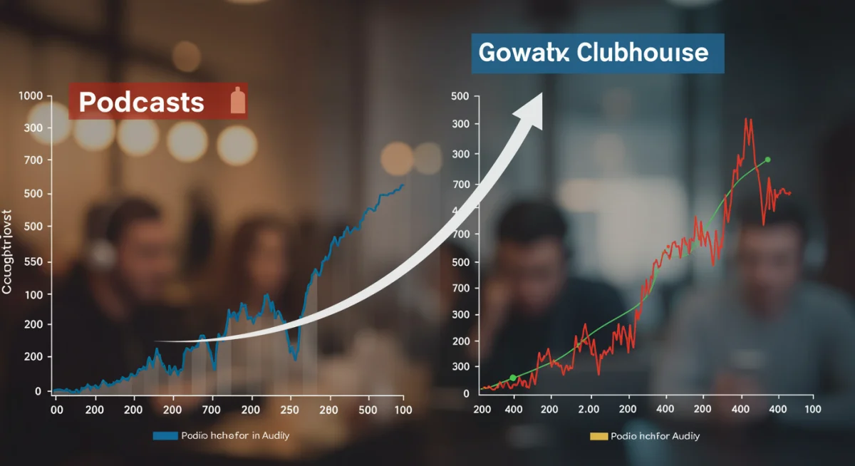 Growth curves illustrating podcast stability versus Clubhouse re-emergence in audio.