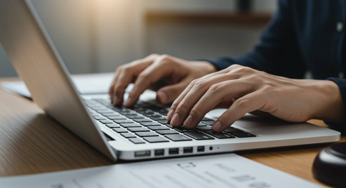 Hands typing on laptop with policy documents, symbolizing legal changes for freelancers