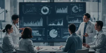 Professionals collaborating around data visualizations