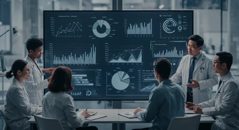 Professionals collaborating around data visualizations
