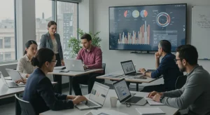 Professionals learning about future job trends and upskilling in a modern classroom setting