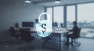 Digital padlock with dollar sign over a small business office representing ransomware prevention savings.