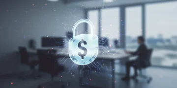 Digital padlock with dollar sign over a small business office representing ransomware prevention savings.