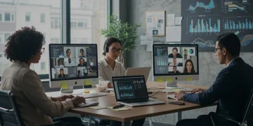 Diverse remote workers collaborating virtually, discussing 2026 US labor law changes.