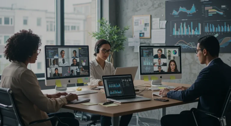 Diverse remote workers collaborating virtually, discussing 2026 US labor law changes.