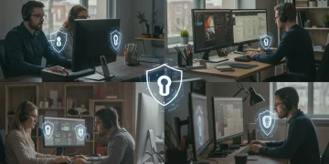 Digital security shield protecting remote workers in various home office settings across the US.