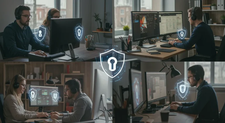 Digital security shield protecting remote workers in various home office settings across the US.