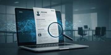 Modern resume being scanned by an Applicant Tracking System (ATS) with highlighted keywords, representing future job application trends.