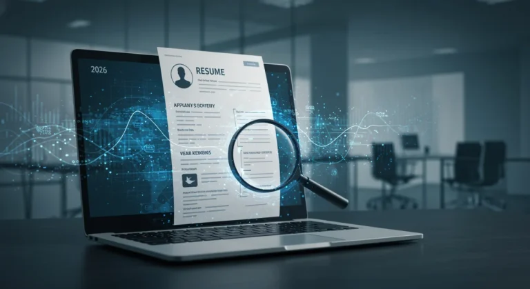 Modern resume being scanned by an Applicant Tracking System (ATS) with highlighted keywords, representing future job application trends.