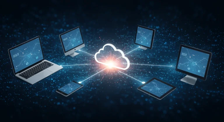 Seamless digital devices connected to a central cloud, symbolizing cloud integration in 2026.