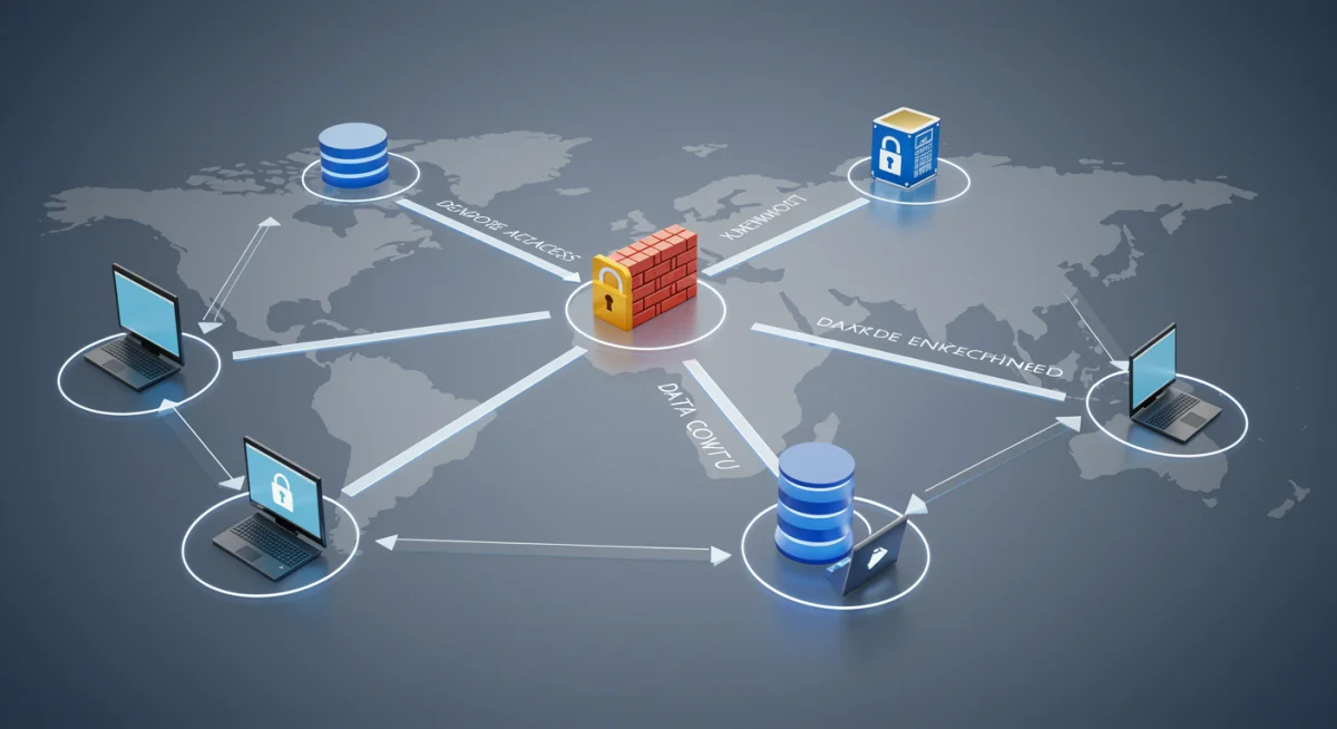 Secure network connections and data encryption for remote access in a corporate environment.