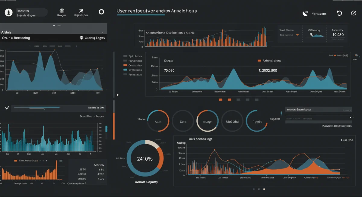 Security dashboard showing real-time user behavior analytics and anomaly detection for insider threat monitoring.