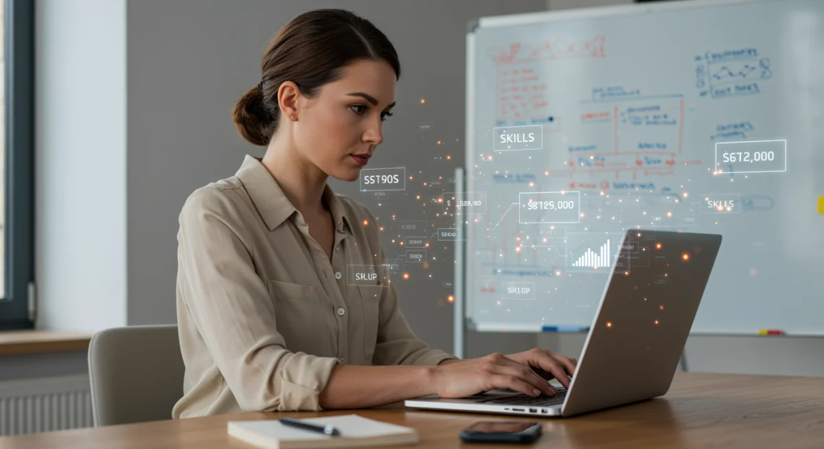 Professional woman focused on skill development in a home office