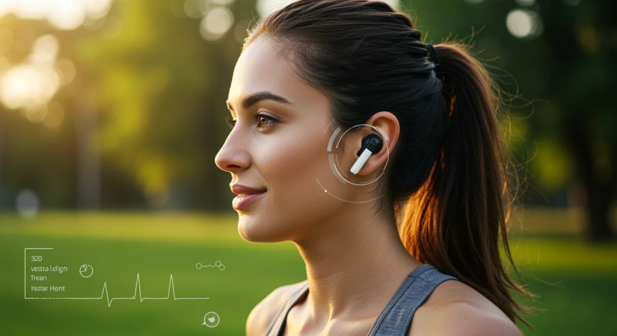 Person jogging with smart earbud, showcasing advanced health monitoring and seamless integration.