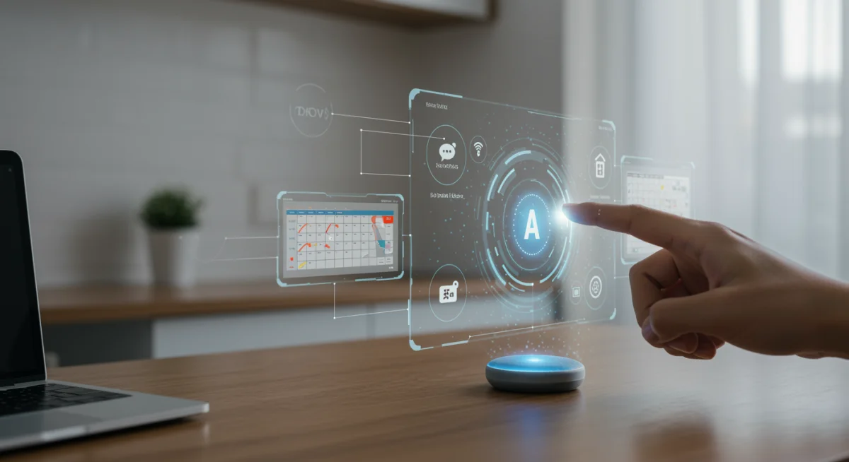 User interacting with AI personal assistants in a smart home via voice and holographic display.