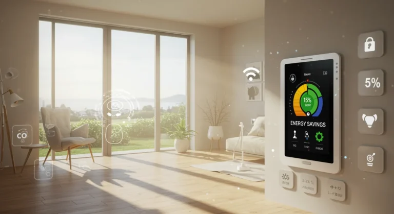 Modern smart home interior with energy-efficient devices and a digital display showing energy savings.
